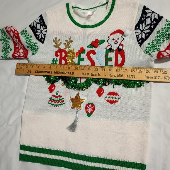 Ugly Christmas Sweater Kids L (11-13) BLESSED 3D Garland Sequins PomPoms - Picture 6 of 9